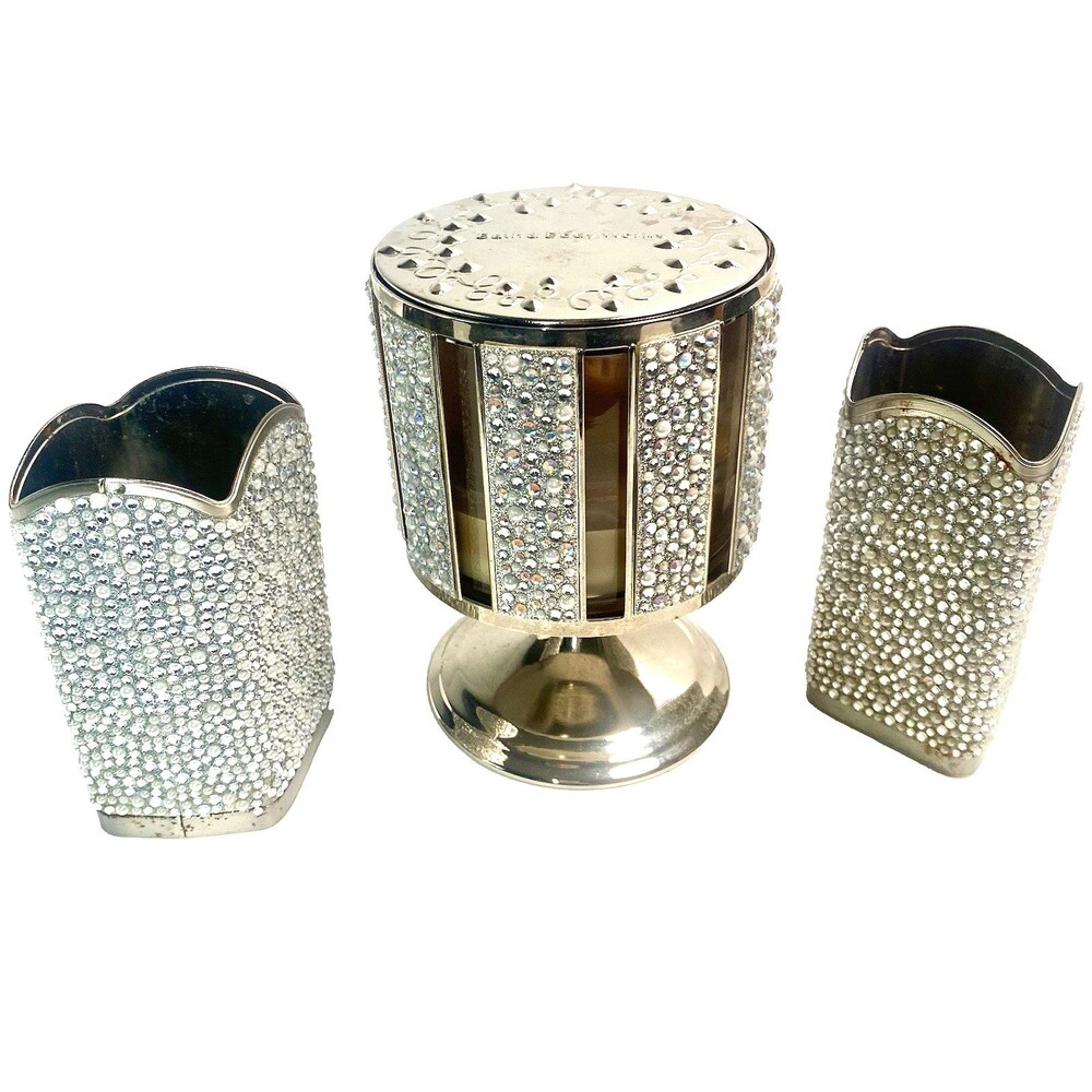 2 Bath & Body Works Tossed Gems Soap Holder Silver and 3 Wick Candle Holder